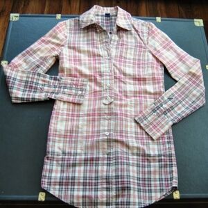 Free People Pink Plaid Button Down Long Sleeve Dress/Long Shirt Size: 2